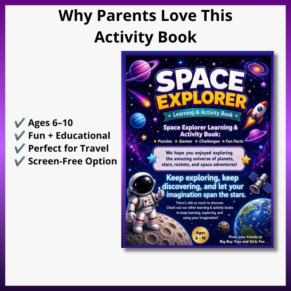 Promotional graphic for a children's activity book titled 'Space Explorer.' The layout has a white background with a purple border, black headline text reading 'Why Parents Love This Activity Book,' a list of features on the left, and the book cover shown on the right.