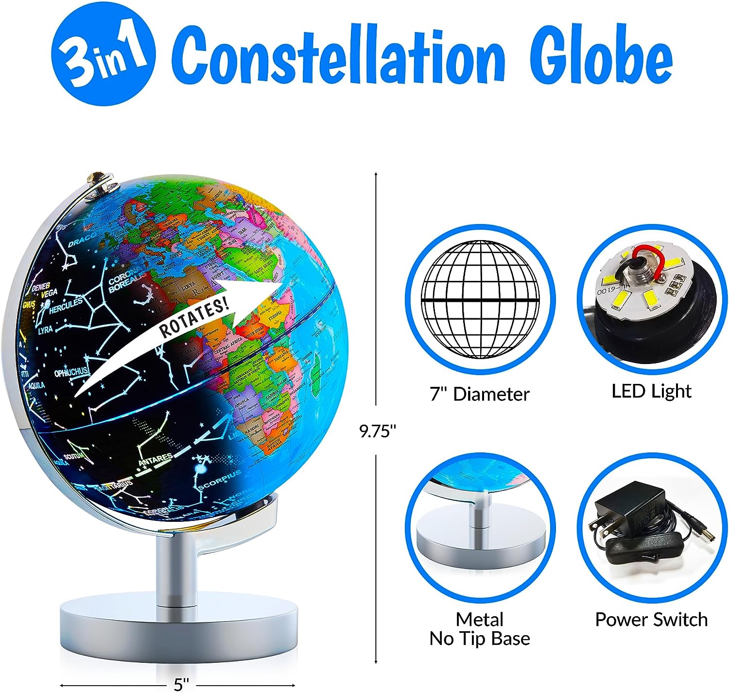 Illuminated Globe for Kids Learning - 7.2" Diameter by USA Toyz  4