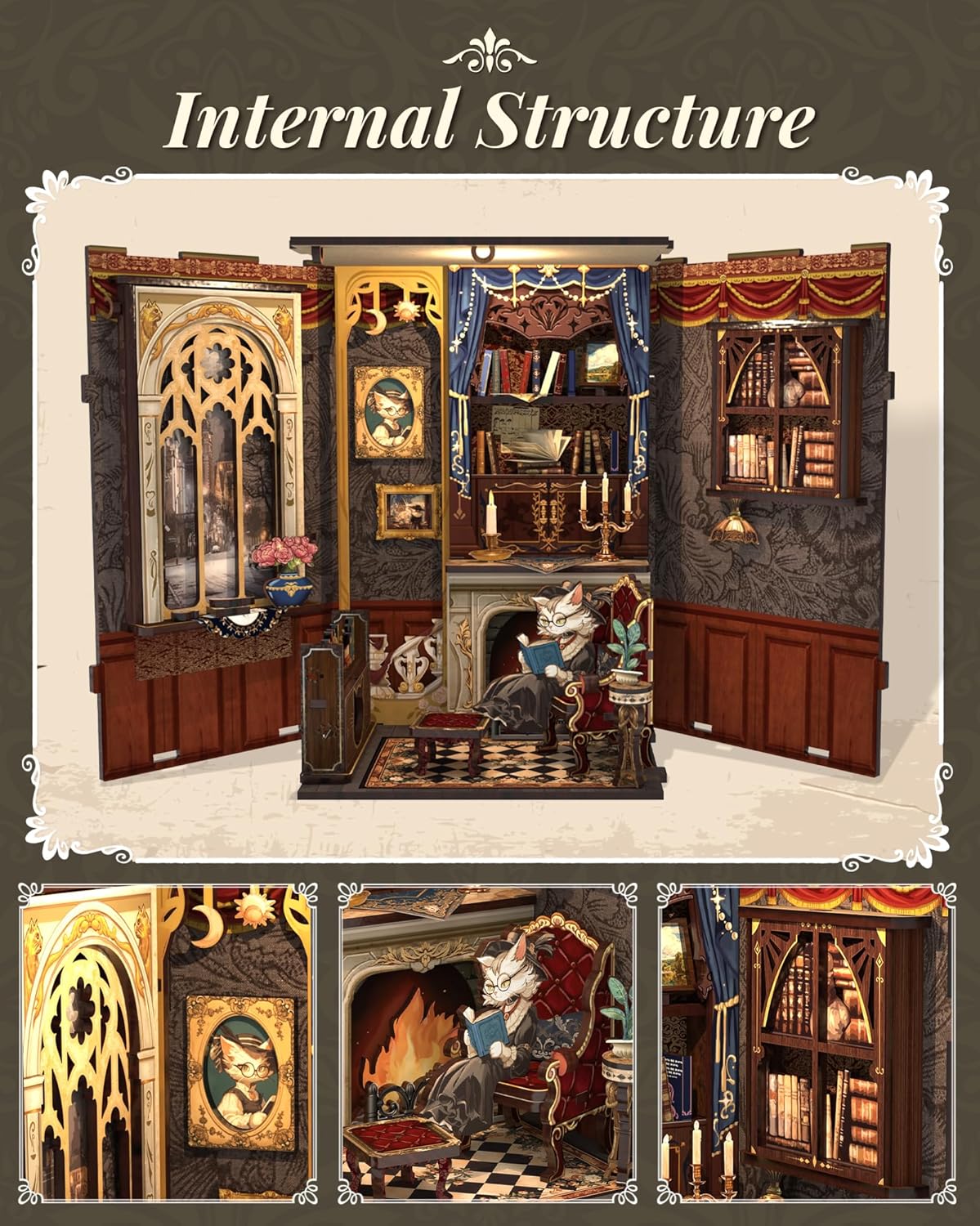 Book Nook Wizardi Miniature - Count Cat's Study Roombox Kit-4