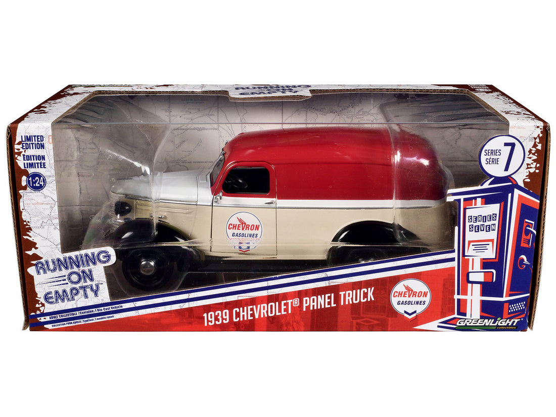 1939 Chevrolet Panel Truck "Chevron Gasolines" Red and Beige with White Hood and Stripes "Running on Empty" Series 7 1/24 Diecast Model Car by Greenlight-1