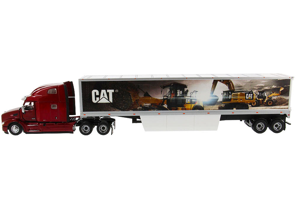 Peterbilt 579 UltraLoft Truck Tractor Red with "CAT Caterpillar" Mural Dry Van Trailer "Transport Series" 1/50 Diecast Model by Diecast Masters-1