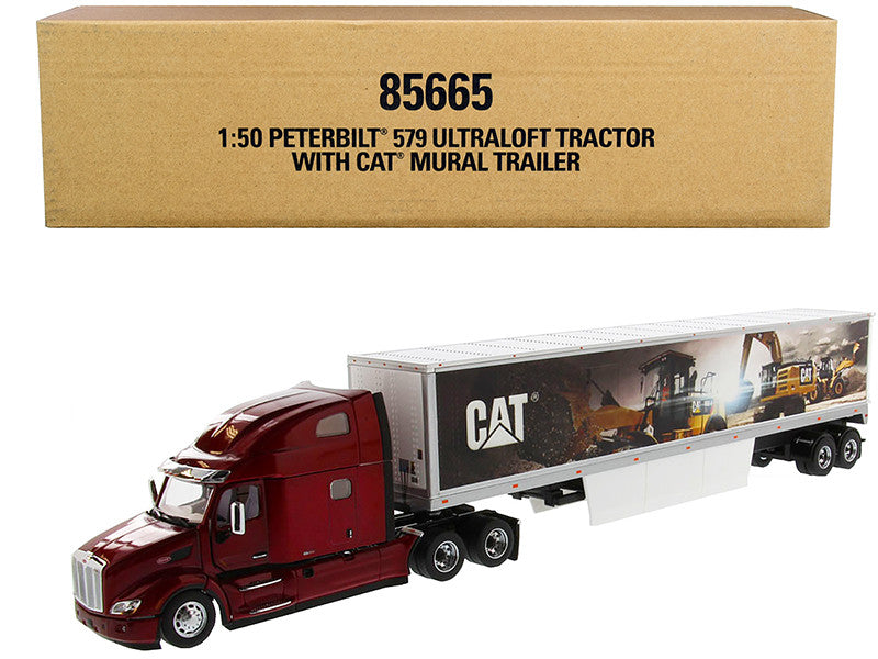 Peterbilt 579 UltraLoft Truck Tractor Red with "CAT Caterpillar" Mural Dry Van Trailer "Transport Series" 1/50 Diecast Model by Diecast Masters-0