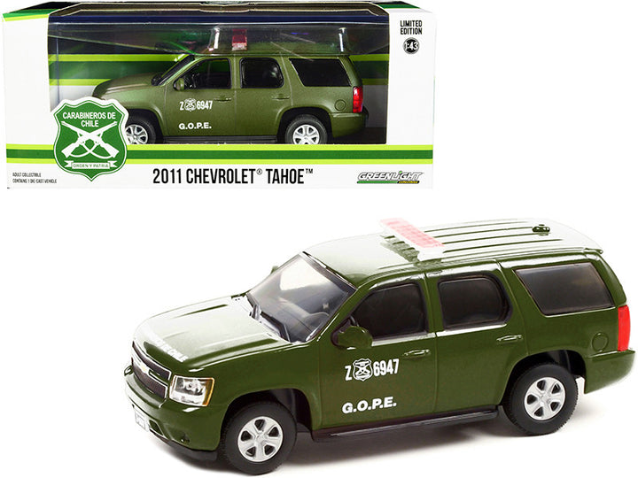 2011 Chevrolet Tahoe Police Car Matt Green "Carabineros de Chile" G.O.P.E. "Grupo de Operaciones Policiales Especiales" 1/43 Diecast Model Car by Greenlight-0