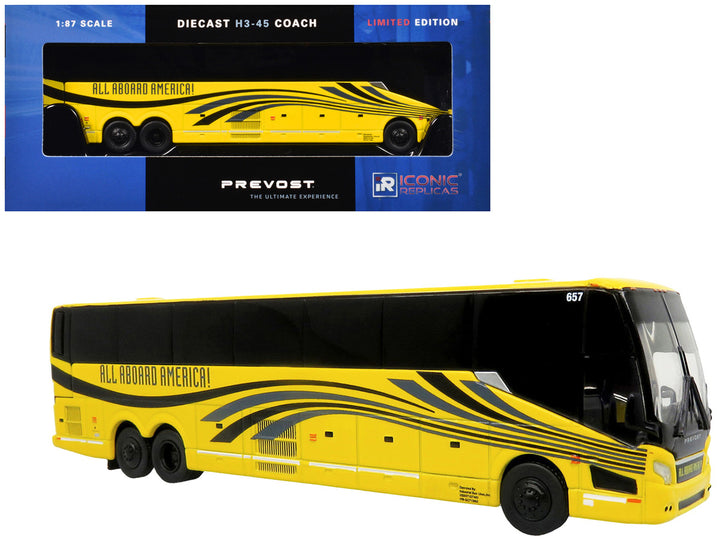 Prevost H3-45 Coach Bus "All Aboard America" Yellow with Graphics Limited Edition 1/87 (HO) Diecast Model by Iconic Replicas-0