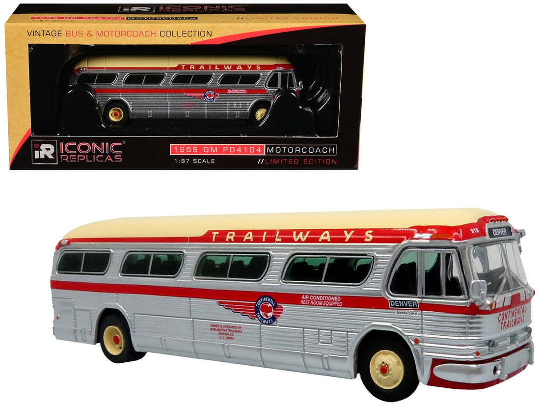 1959 GM PD4104 Motorcoach Bus "Continental Trailways" Silver and Cream with Red Stripes "Vintage Bus & Motorcoach Collection" Limited Edition 1/87 (HO) Diecast Model by Iconic Replicas-4