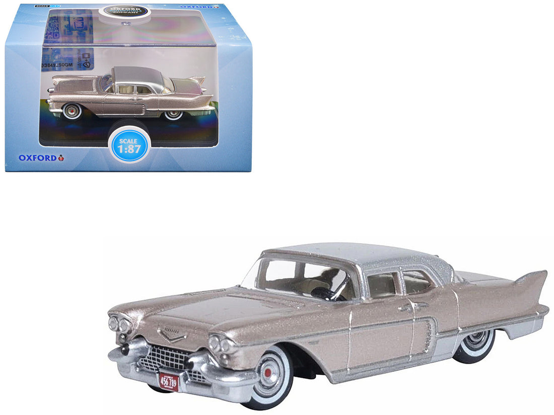 1957 Cadillac Eldorado Brougham Sandalwood Beige Metallic with Silver Top 1/87 (HO) Scale Diecast Model Car by Oxford Diecast-0