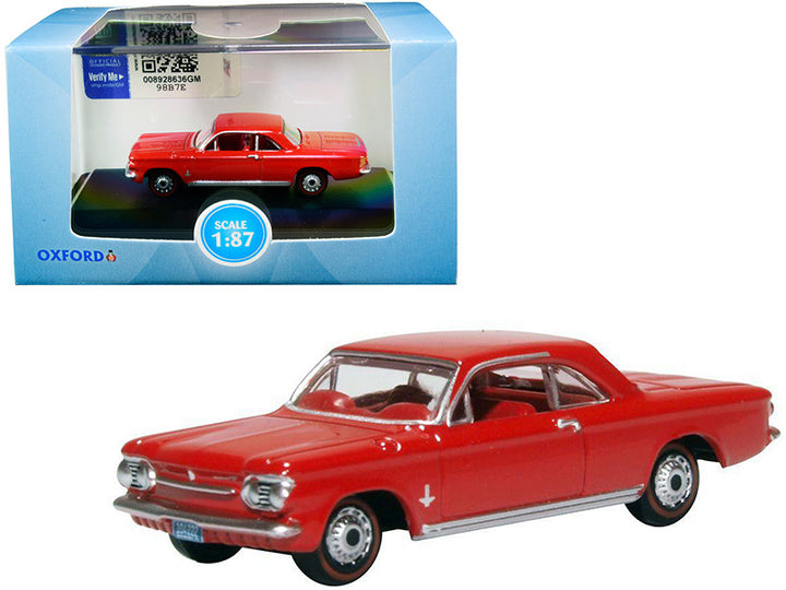 1963 Chevrolet Corvair Coupe Riverside Red with Red Interior 1/87 (HO) Scale Diecast Model Car by Oxford Diecast-0