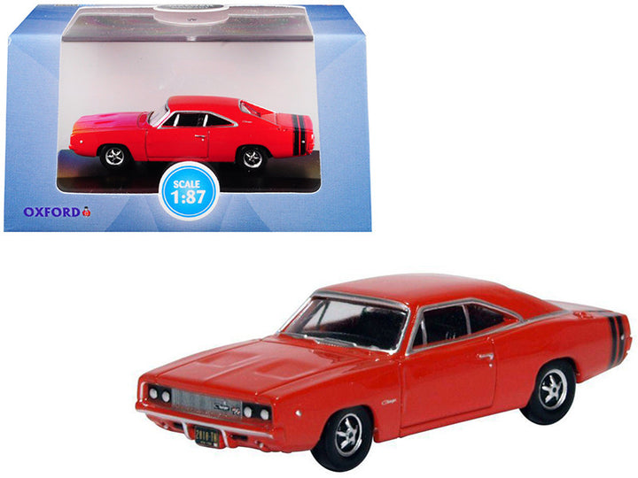 1968 Dodge Charger Bright Red with Black Stripes 1/87 (HO) Scale Diecast Model Car by Oxford Diecast-0