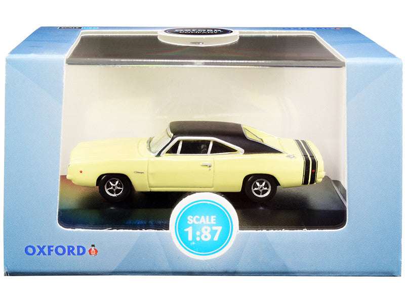 1968 Dodge Charger Light Yellow with Black Top and Black Stripes 1/87 (HO) Scale Diecast Model Car by Oxford Diecast-0