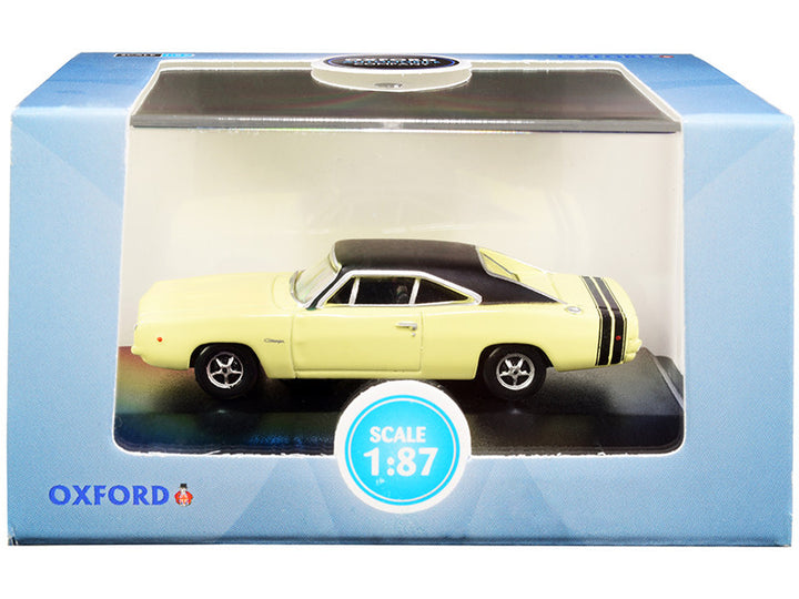 1968 Dodge Charger Light Yellow with Black Top and Black Stripes 1/87 (HO) Scale Diecast Model Car by Oxford Diecast-0