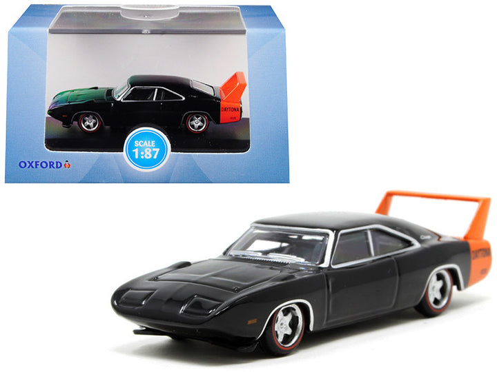 1969 Dodge Charger Daytona Black with Orange Stripe 1/87 (HO) Scale Diecast Model Car by Oxford Diecast-0