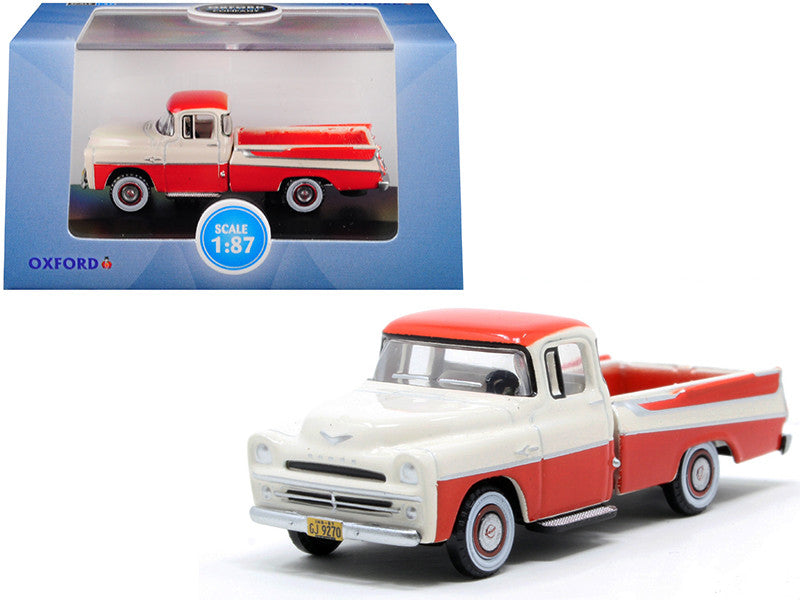 1957 Dodge D100 Sweptside Pickup Truck Tropical Coral and Glacier White 1/87 (HO) Scale Diecast Model Car by Oxford Diecast-0