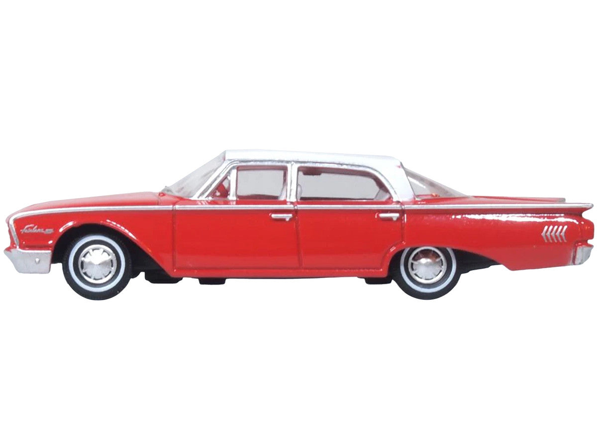 1960 Ford Fairlane Sedan 500 Monte Carlo Red with Corinthian White Top and Interior 1/87 (HO) Scale Diecast Model Car by Oxford Diecast-0