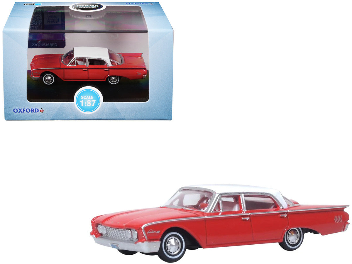 1960 Ford Fairlane Sedan 500 Monte Carlo Red with Corinthian White Top and Interior 1/87 (HO) Scale Diecast Model Car by Oxford Diecast-3