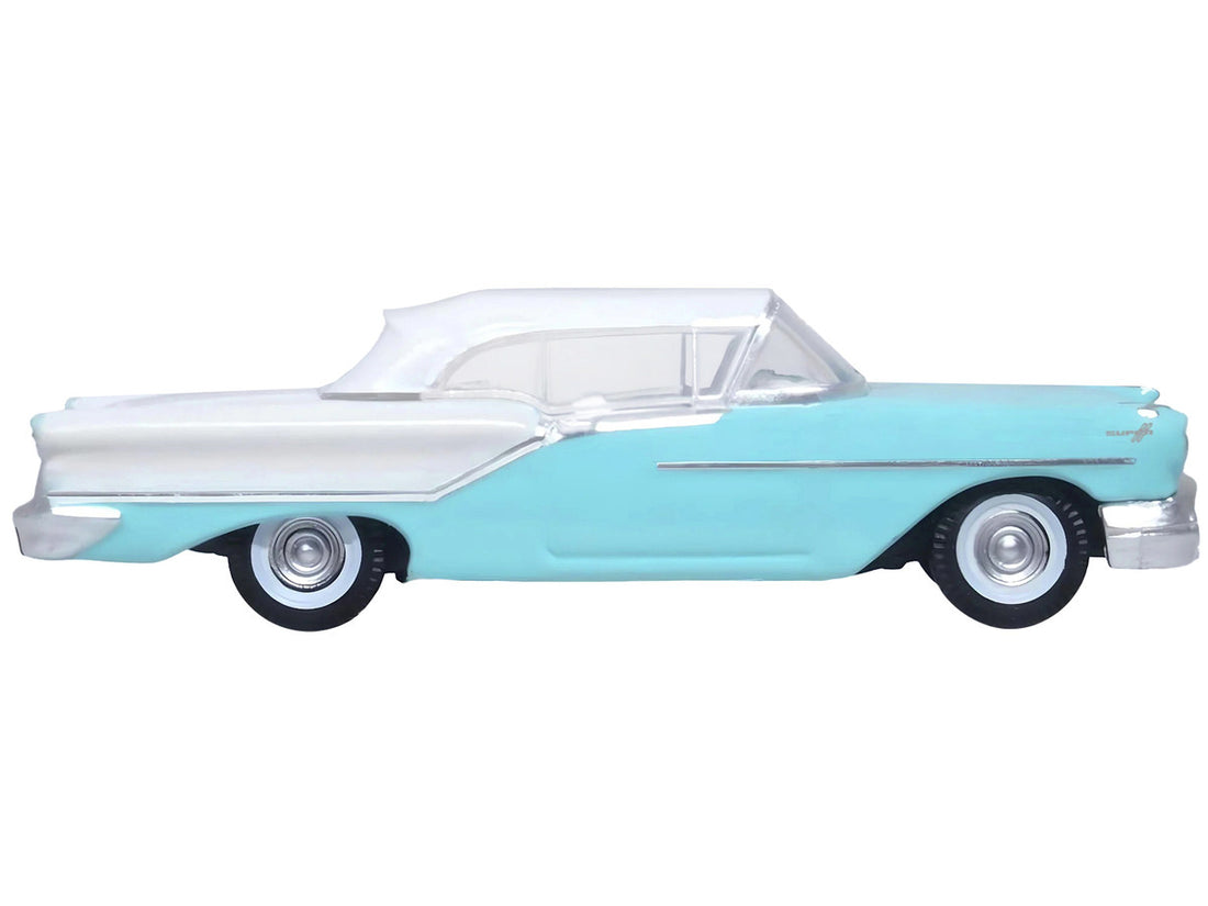 1957 Oldsmobile 88 Convertible (Top-Up) Banff Blue and Alcan White with White 1/87 (HO) Scale Diecast Model Car by Oxford Diecast-1