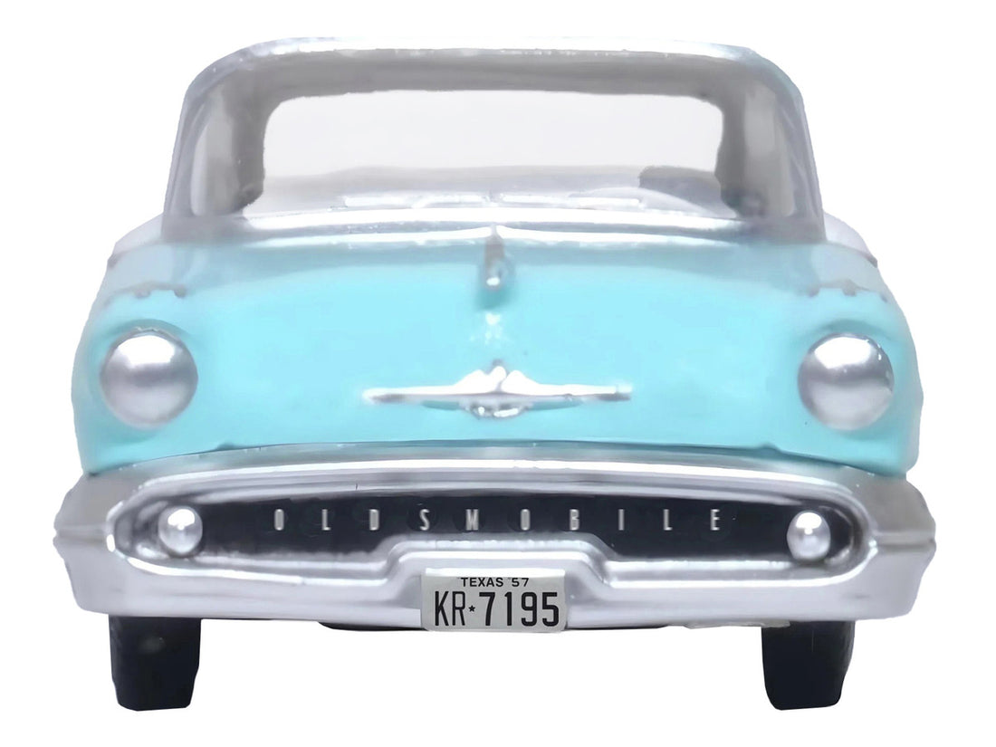 1957 Oldsmobile 88 Convertible (Top-Up) Banff Blue and Alcan White with White 1/87 (HO) Scale Diecast Model Car by Oxford Diecast-3