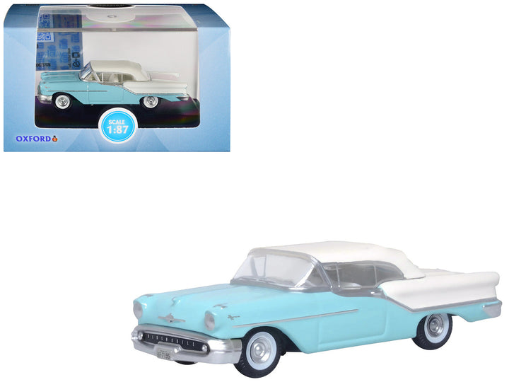 1957 Oldsmobile 88 Convertible (Top-Up) Banff Blue and Alcan White with White 1/87 (HO) Scale Diecast Model Car by Oxford Diecast-0