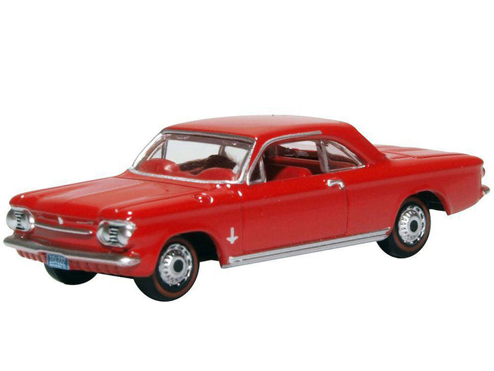 1963 Chevrolet Corvair Coupe Riverside Red with Red Interior 1/87 (HO) Scale Diecast Model Car by Oxford Diecast-1