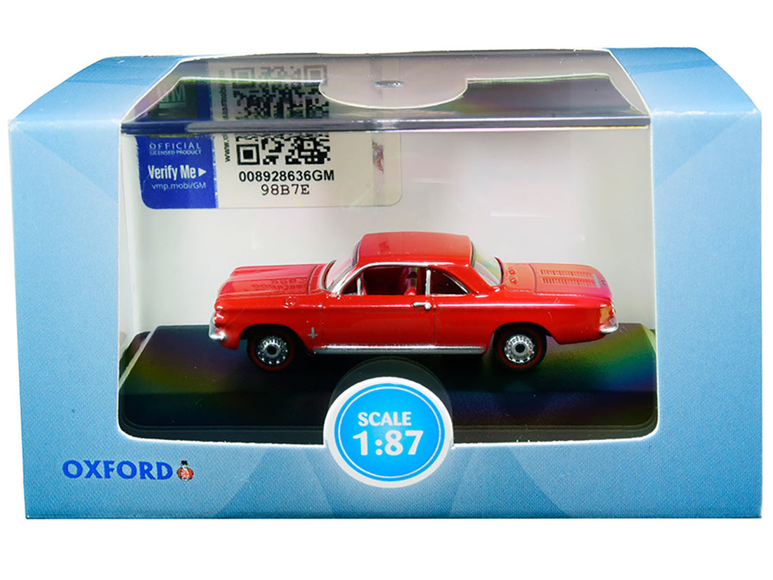 1963 Chevrolet Corvair Coupe Riverside Red with Red Interior 1/87 (HO) Scale Diecast Model Car by Oxford Diecast-2