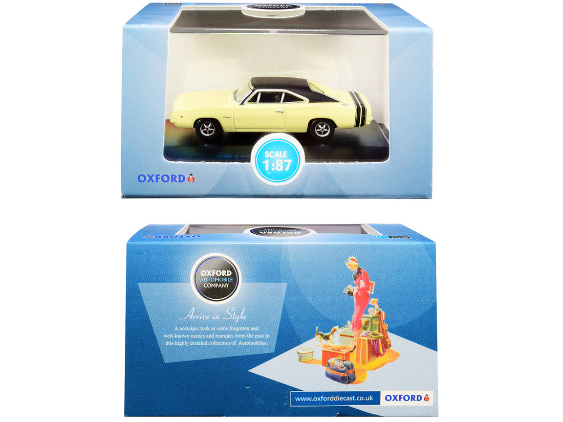 1968 Dodge Charger Light Yellow with Black Top and Black Stripes 1/87 (HO) Scale Diecast Model Car by Oxford Diecast-2