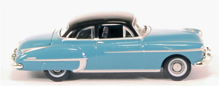 1950 Oldsmobile Rocket 88 Coupe Crest Blue with Black Top 1/87 (HO) Scale Diecast Model Car by Oxford Diecast-1