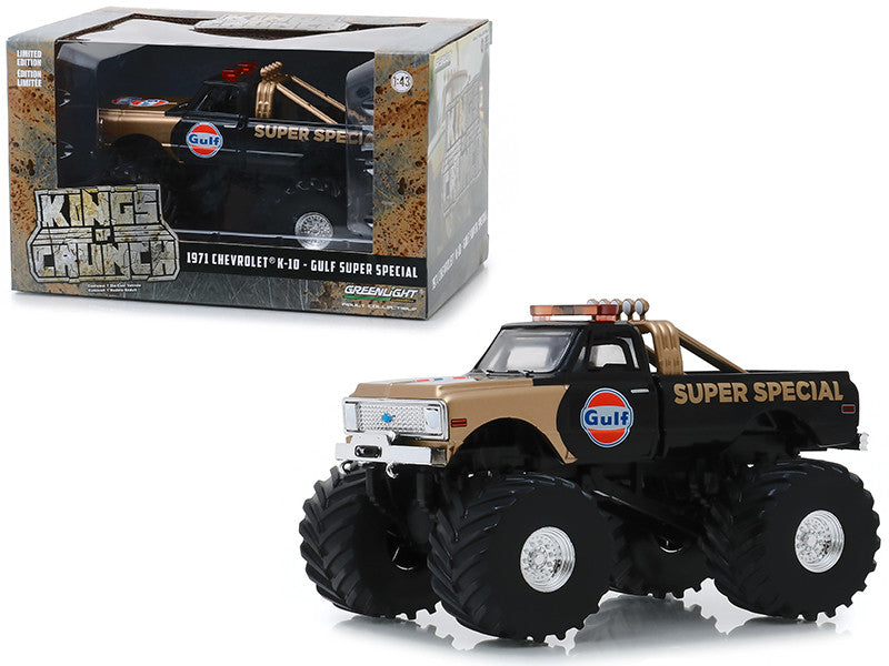 1971 Chevrolet K-10 Monster Truck "Gulf Super Special" Black and Gold with 66-Inch Tires "Kings of Crunch" 1/43 Diecast Model Car by Greenlight-0