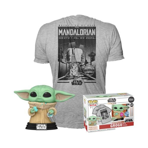 Grogu with Cookie Funko Pop and Mandalorian T-shirt bundle size Large