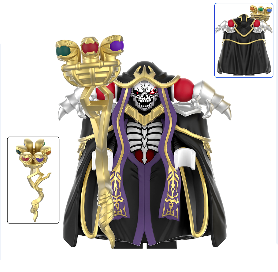 Ainz Ooal Gown custom Overlord minifigure with skeletal face black purple gold robes and magical staff