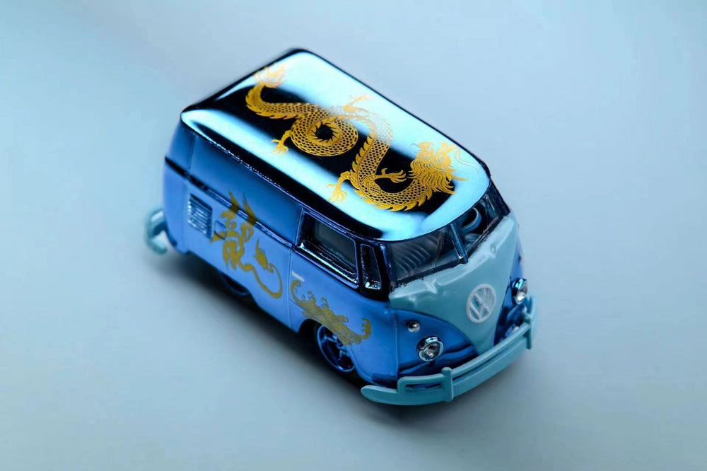 VW Volkswagen Bus 1960 Chrome Blue "Year of the Dragon" 1:64 Scale Diecast Model by HY Model Top View
