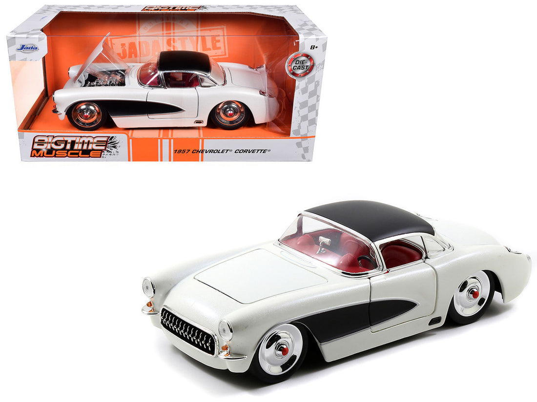 1957 Chevrolet Corvette Satin Cream Metallic with Matt Black Top and Side 1/24 Diecast Model Car by Jada-4