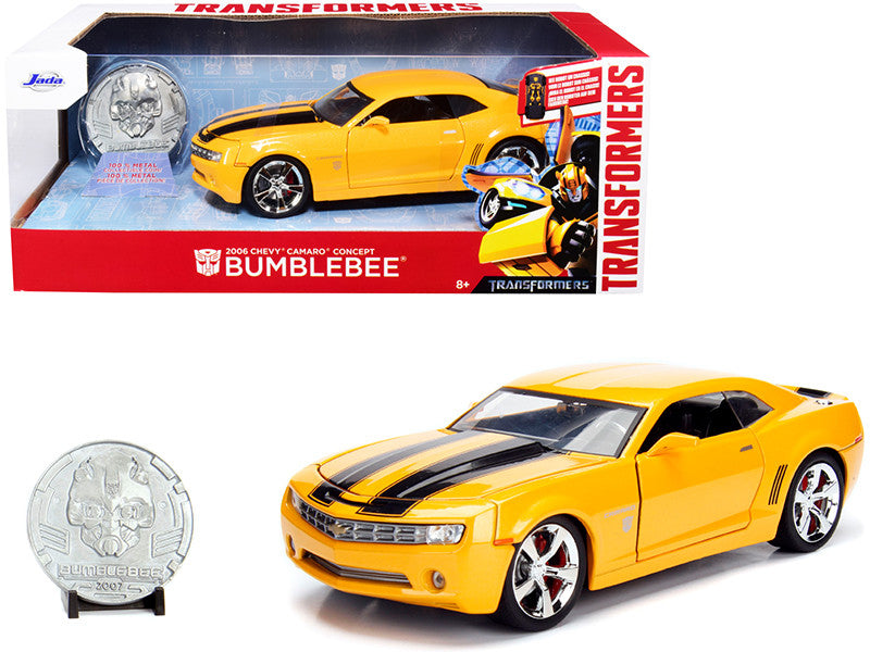 2006 Chevrolet Camaro Concept Yellow Bumblebee with Robot on Chassis and Collectible Metal Coin "Transformers" Movie 1/24 Diecast Model Car by Jada-0