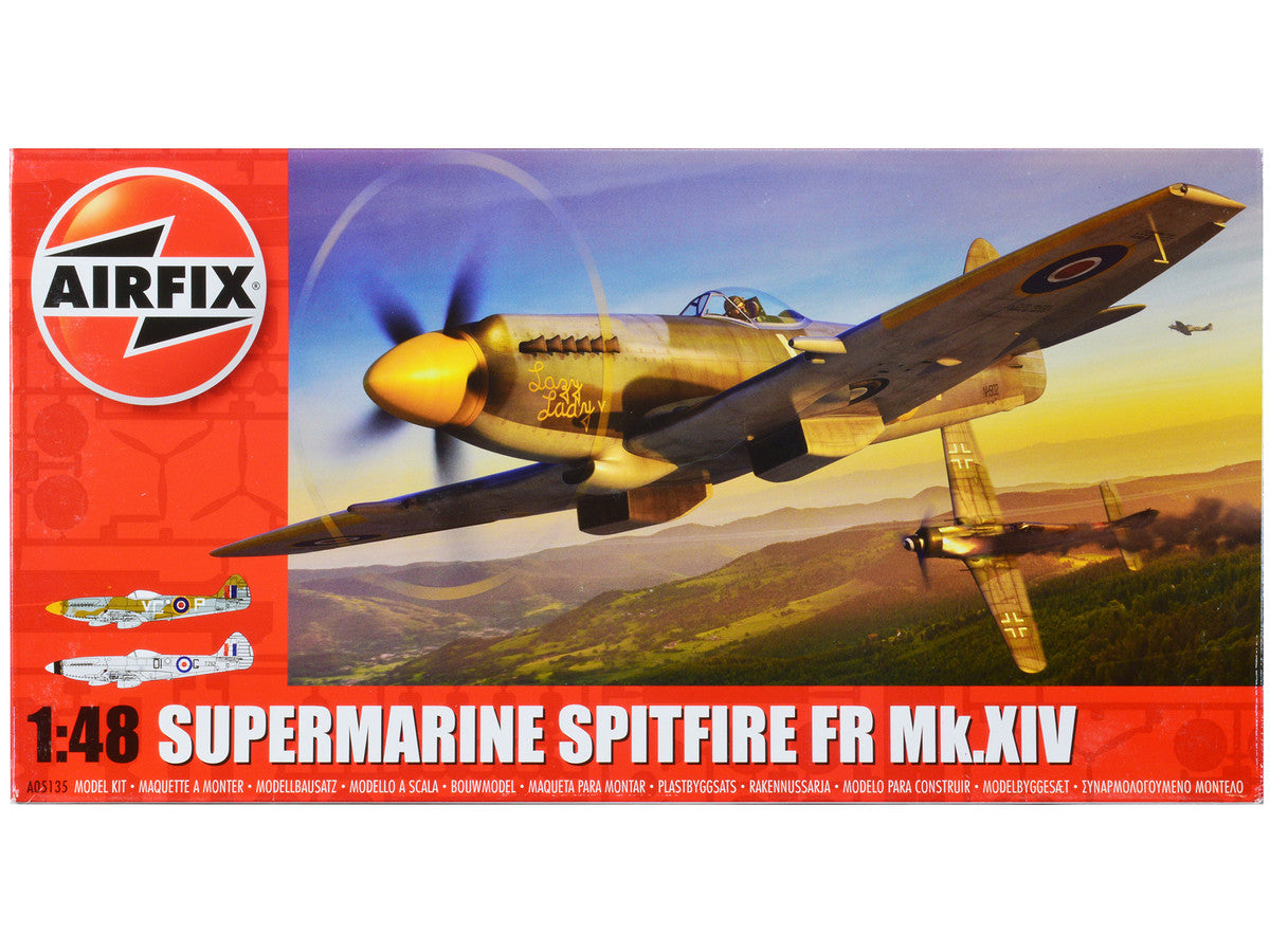 Level 2 Model Kit Supermarine Spitfire FR Mk.XIV Fighter Aircraft with 2 Scheme Options 1/48 Plastic Model Kit by Airfix-0