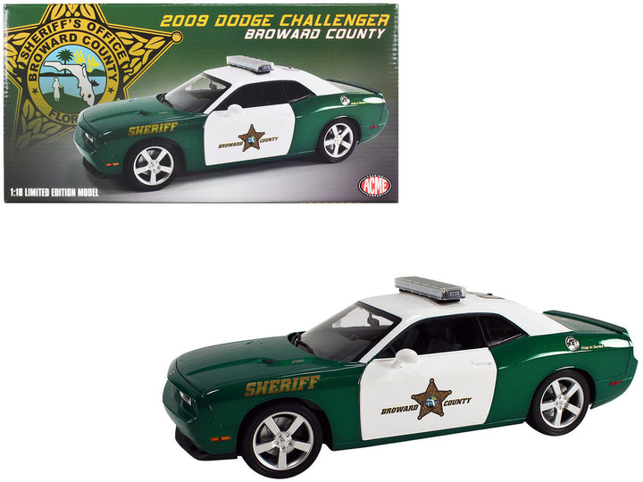 2009 Dodge Challenger R/T Green and White "Broward County Sheriff" Limited Edition to 252 pieces Worldwide 1/18 Diecast Model Car by ACME-0