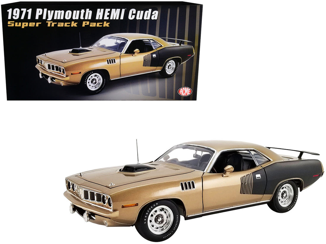 1971 Plymouth Hemi Barracuda "Super Track Pack" Gold Leaf Metallic and Matt Black Limited Edition to 912 pieces Worldwide 1/18 Diecast Model Car by ACME-0