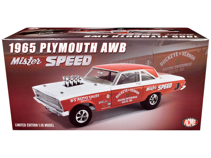 1965 Plymouth AWB "Mister Speed" Red and White with Graphics Limited Edition to 378 pieces Worldwide 1/18 Diecast Model Car by ACME-0