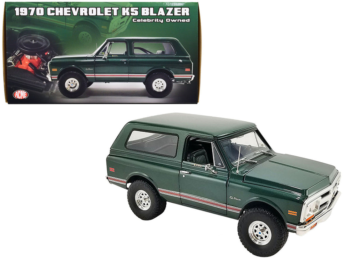 1970 Chevrolet K5 Blazer Dark Green with Red Stripes and Green Interior "Celebrity Owned" Limited Edition to 402 pieces Worldwide 1/18 Diecast Model Car by ACME-0