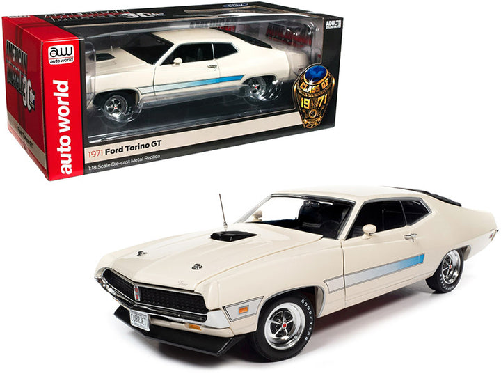 1971 Ford Torino GT Wimbledon White with Blue Laser Stripes "Class of 1971" "American Muscle 30th Anniversary" (1991-2021) 1/18 Diecast Model Car by Auto World-0