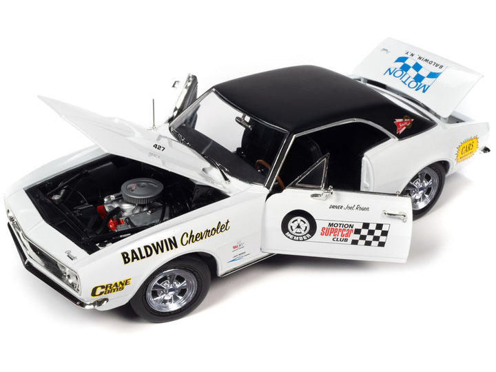 1967 Chevrolet Camaro SS Baldwin Motion Joel Rosen "Motion Supercar Club" White with Black Vinyl Top and Graphics 1/18 Diecast Model Car by Auto World-1