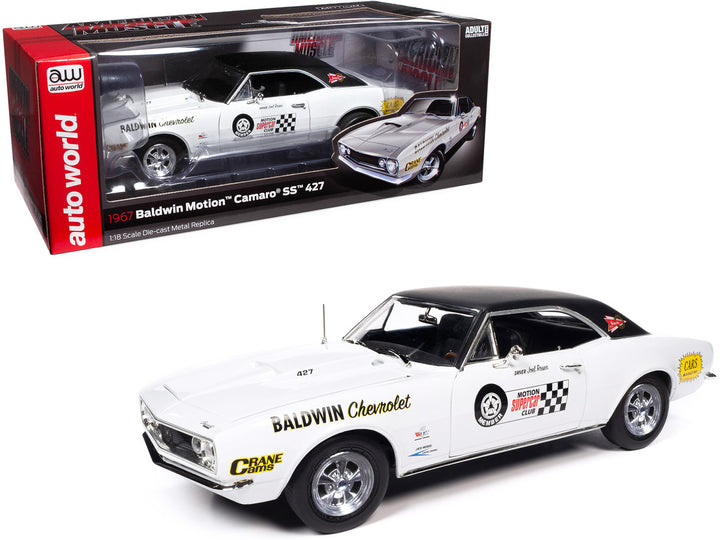 1967 Chevrolet Camaro SS Baldwin Motion Joel Rosen "Motion Supercar Club" White with Black Vinyl Top and Graphics 1/18 Diecast Model Car by Auto World-0