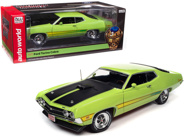 1971 Ford Torino Cobra Grabber Lime Green with Matt Black Hood and Stripes "Class of 1971" Series 1/18 Diecast Model Car by Auto World-0