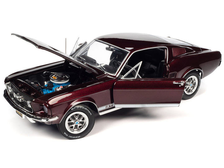 1967 Ford Mustang GT 2+2 Burgundy Metallic with White Side Stripes "American Muscle" Series 1/18 Diecast Model Car by Auto World-1