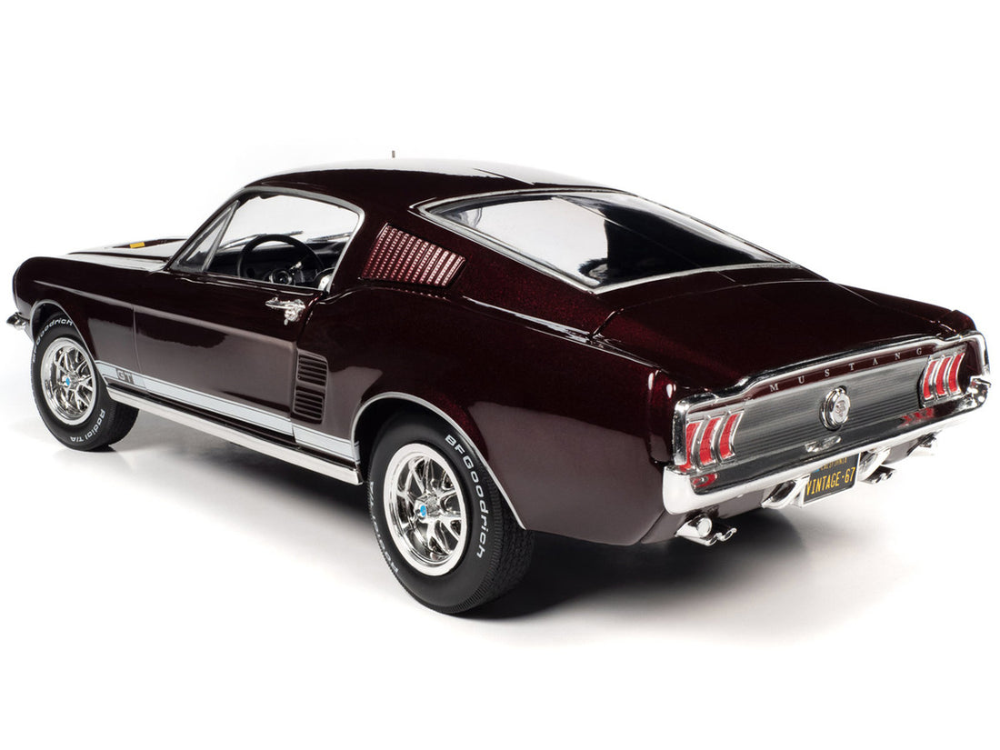 1967 Ford Mustang GT 2+2 Burgundy Metallic with White Side Stripes "American Muscle" Series 1/18 Diecast Model Car by Auto World-4