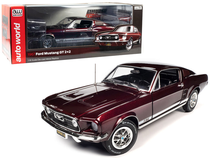 1967 Ford Mustang GT 2+2 Burgundy Metallic with White Side Stripes "American Muscle" Series 1/18 Diecast Model Car by Auto World-0