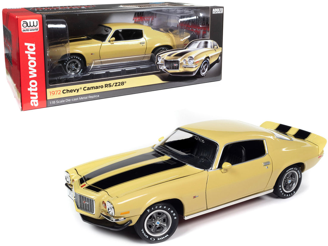 1972 Chevrolet Camaro RS Z28 Cream Yellow with Black Stripes "American Muscle" Series 1/18 Diecast Model Car by Auto World-0