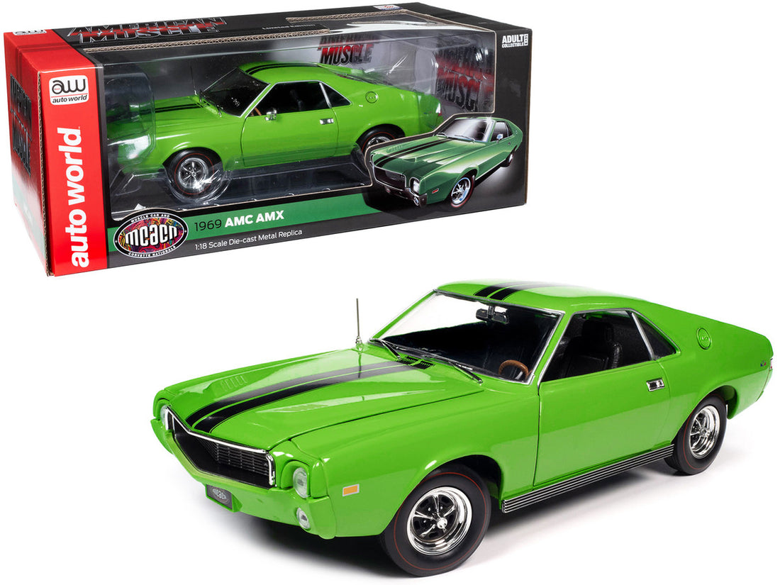 1969 AMC AMX Big Bad Lime Green with Black Stripes "Muscle Car & Corvette Nationals" (MCACN) "American Muscle" Series 1/18 Diecast Model Car by Auto World-0