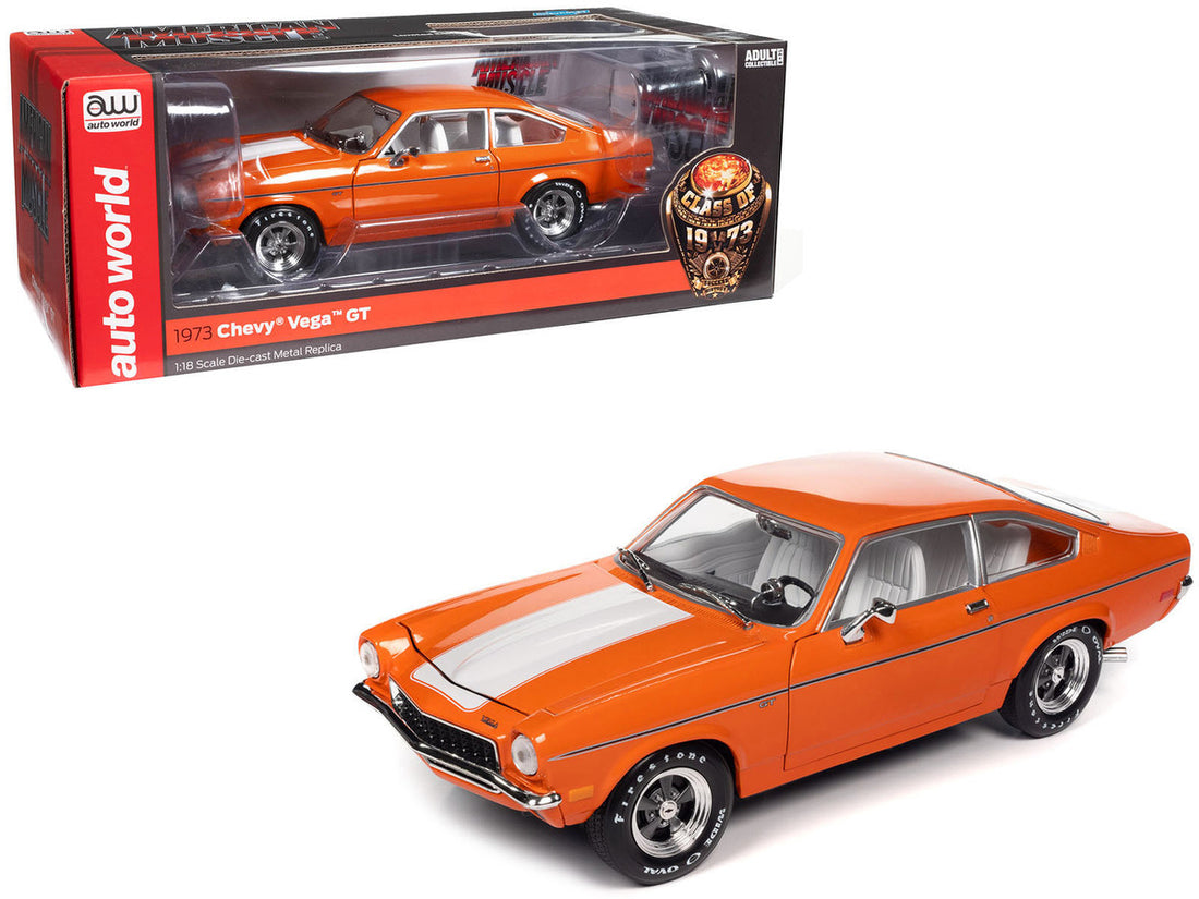 1973 Chevrolet Vega GT Bright Orange with White Stripes and Interior "Class of 1973" "American Muscle" Series 1/18 Diecast Model Car by Auto World-0