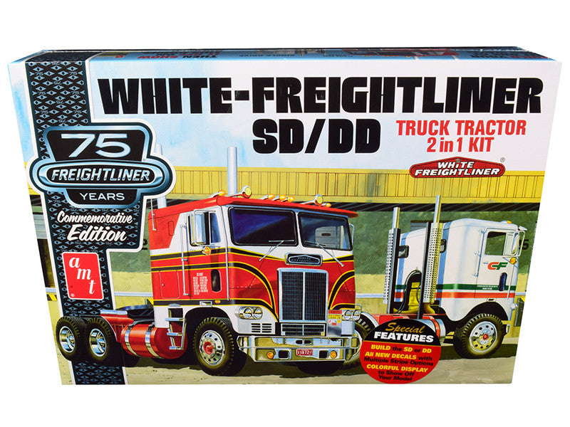 White Freightliner SD/DD Truck Tractor 2-in-1 Kit with Display Base "75th Freightliner Anniversary" Commemorative Edition 1/25 Scale Skill 3 Model Kit by AMT