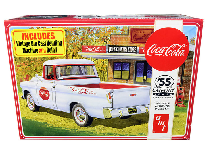 Skill 3 Model Kit 1955 Chevrolet Cameo Pickup Truck "Coca-Cola" with Vintage Vending Machine and Dolly 1/25 Scale Model by AMT-0