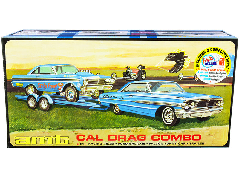 Skill 2 Model Kit "Ford Cal Drag Team" Ford Galaxie with Ford Falcon Funny Car and Trailer Set of 3 Complete Kits 1/25 Scale Models by AMT-0