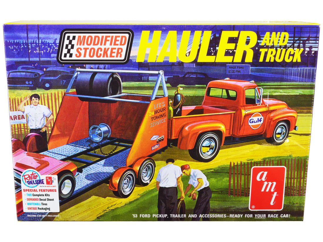Skill 2 Model 1953 Ford Pickup Truck with "Modified Stocker" Hauler "Gulf Oil" 1/25 Scale Model by AMT-0